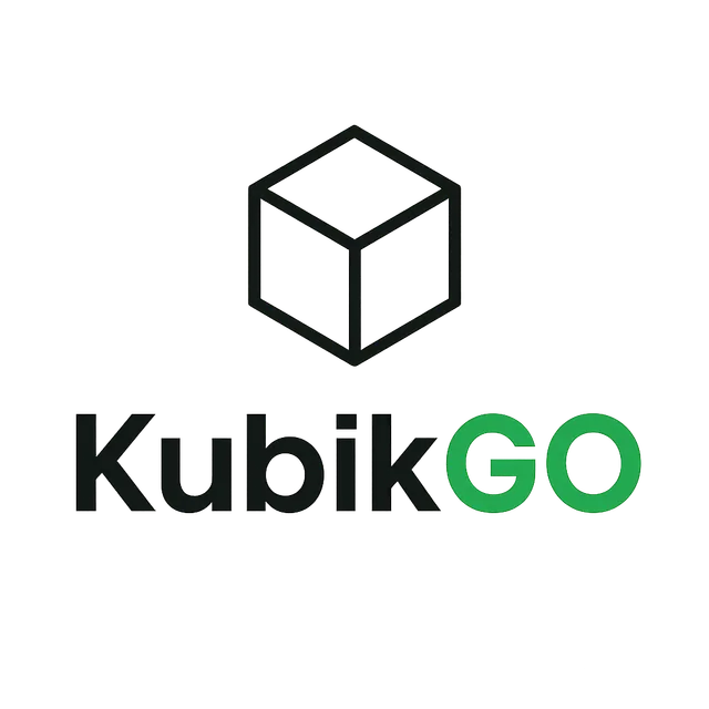 KubikGO: il cubo del marchio e il nome con GO verde.